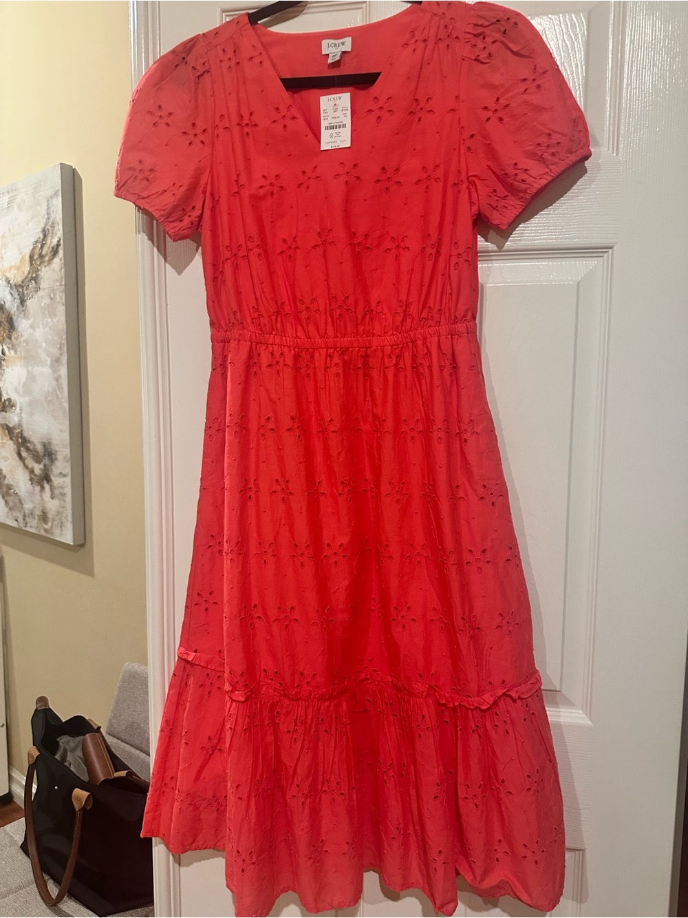 J. Crew Coral Eyelet Puff-Sleeve Tiered Dress